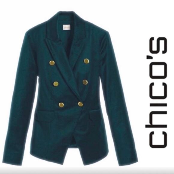 Chico's Emerald Green Velvet Blazer Gold Buttons Size 1 US Medium NWT Holiday - Picture 1 of 16